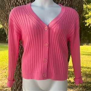 TALBOTS BARBIE PINK SOFT COTTON QUALITY PETITE BUTTONS CARDIGAN LARGE GUC